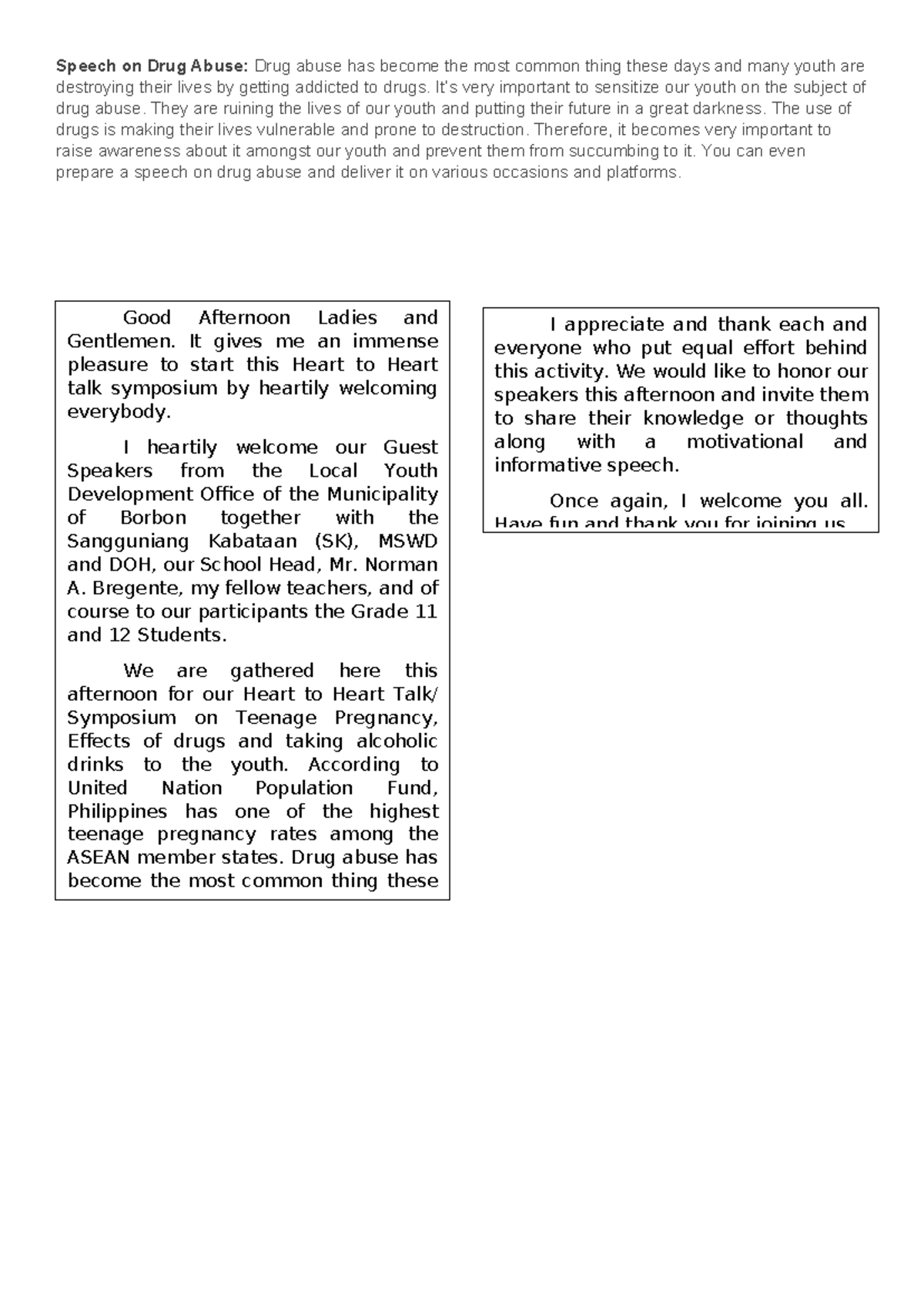 Address Speech on Drug Abuse Drug abuse has the most