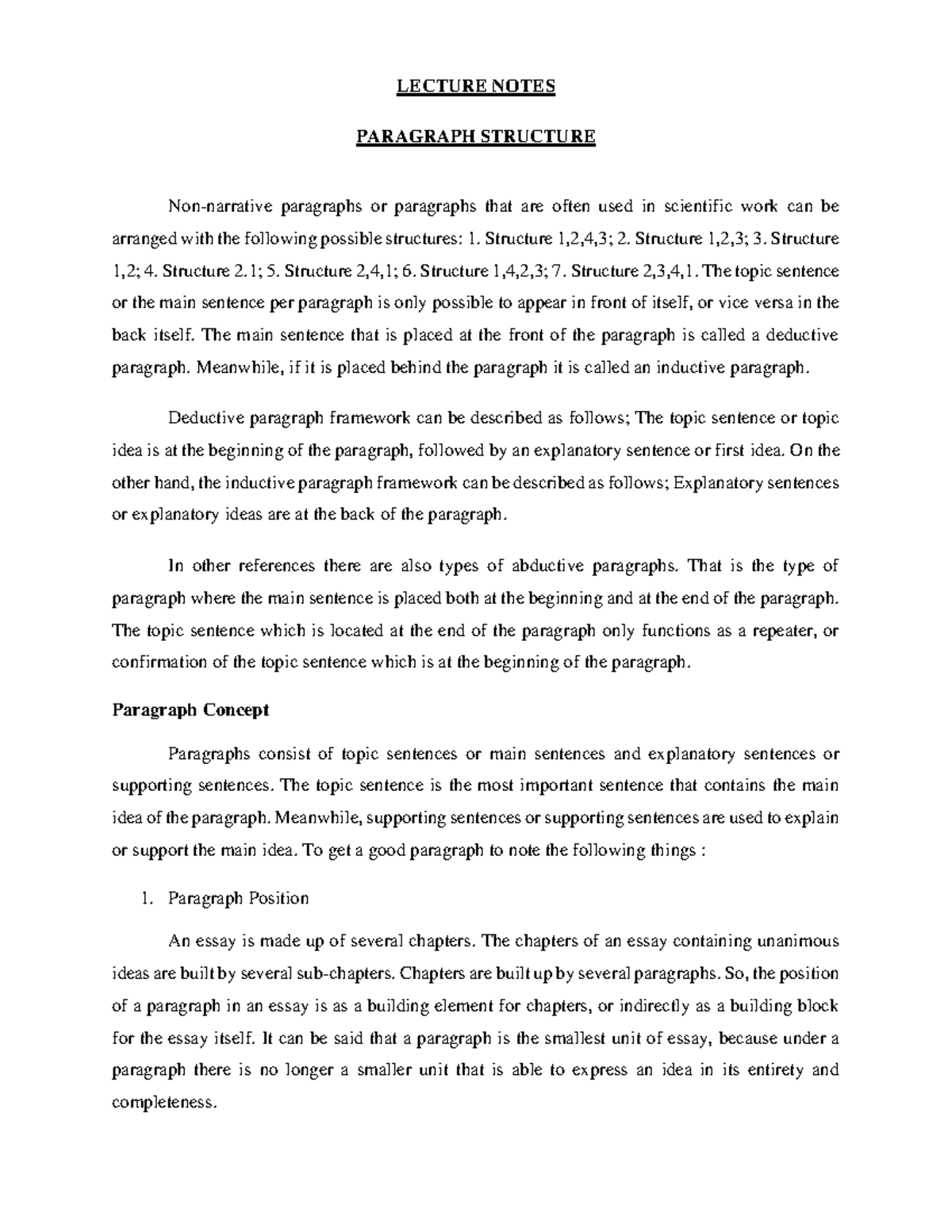 Lecture Notes Paragraph Structure-1 - LECTURE NOTES PARAGRAPH STRUCTURE ...