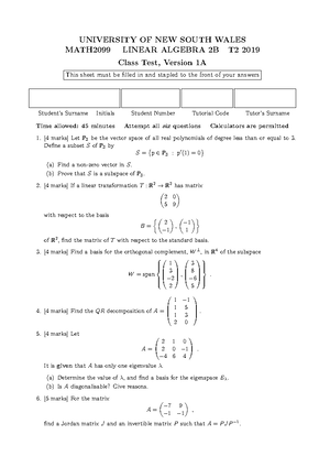 MATH2099 Lin Alg Problems 24 - MATH2099 Mathematics 2B, T2 2024 Linear ...