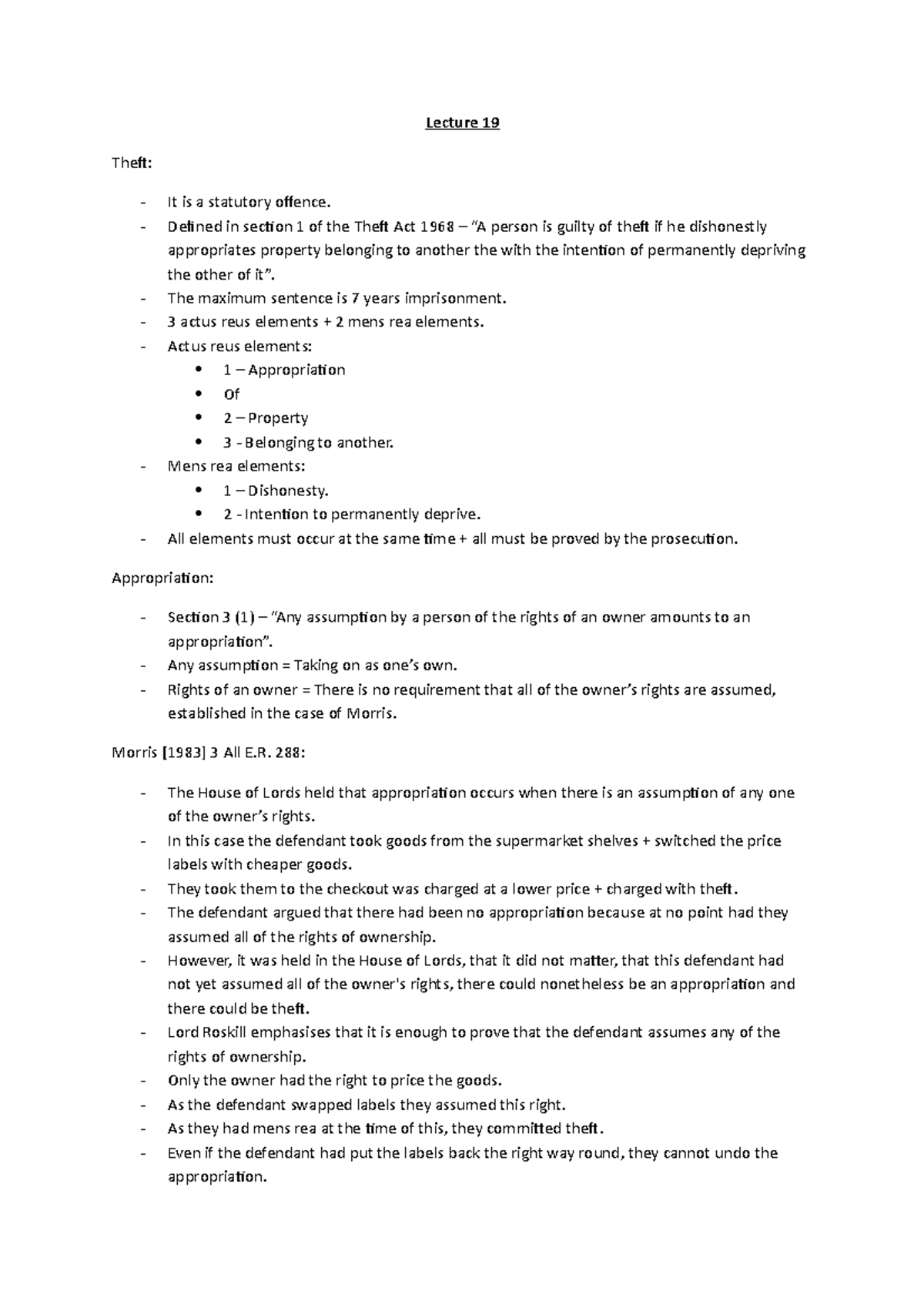 Lecture 19 Samantha Pegg Lecture 19 Theft It is a statutory