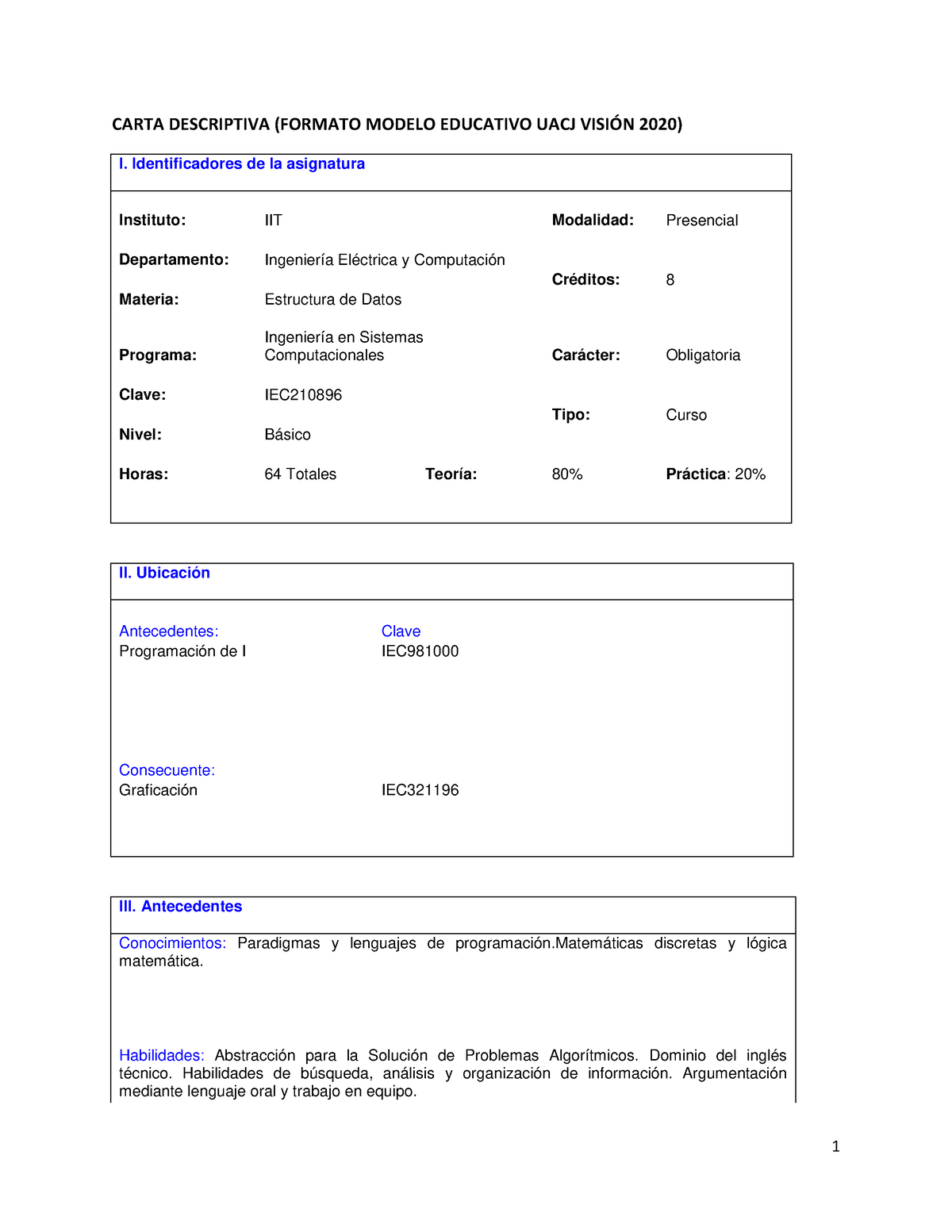 IEC210896 - Estructura de Datos - CARTA DESCRIPTIVA (FORMATO MODELO  EDUCATIVO UACJ VISIÓN 2020) I. - Studocu