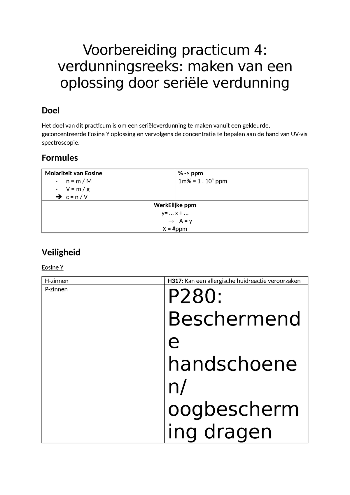 Voorbereiding Practicum 4 - Formules Molariteit Van Eosine - N = M / M ...