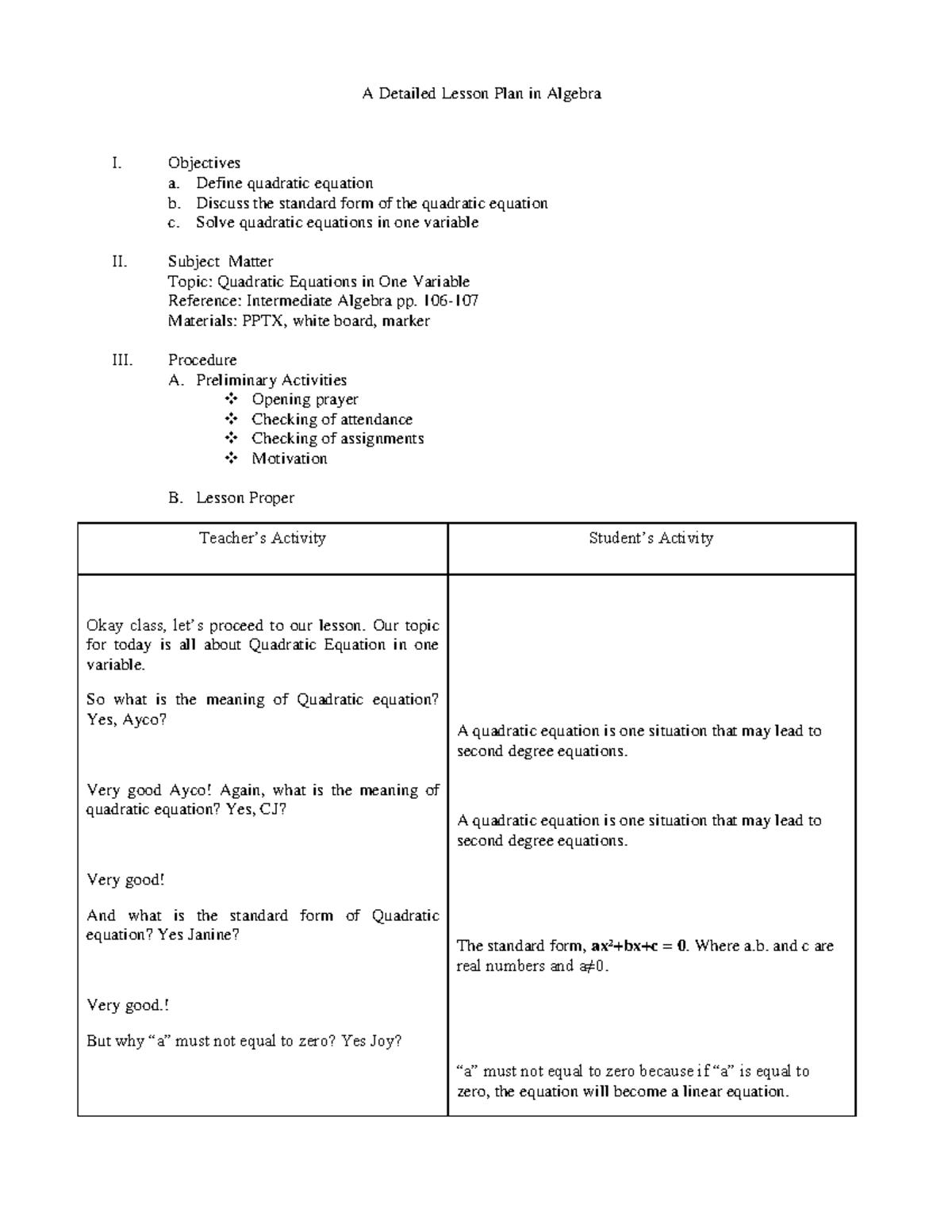 A Detailed Lesson Plan In Algebra - A Detailed Lesson Plan In Algebra I 