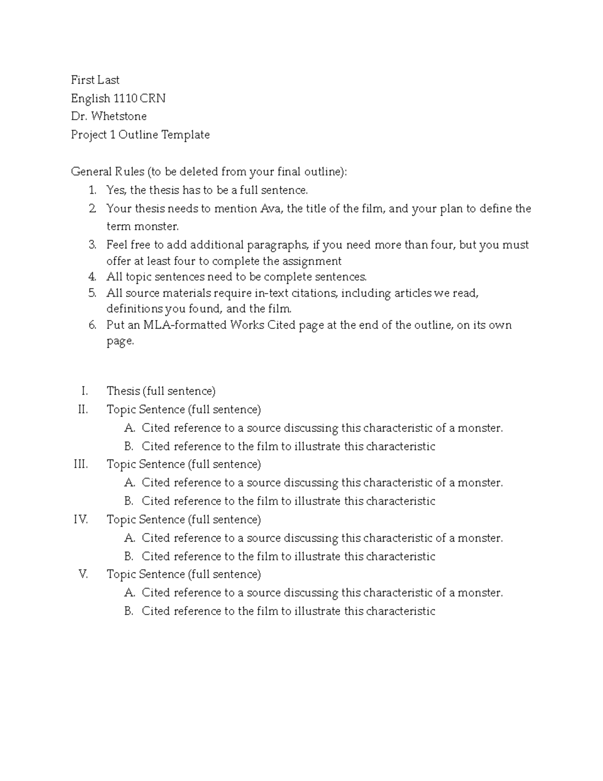 Project 1 Definition Outline Template (1) - First Last English 1110 CRN ...