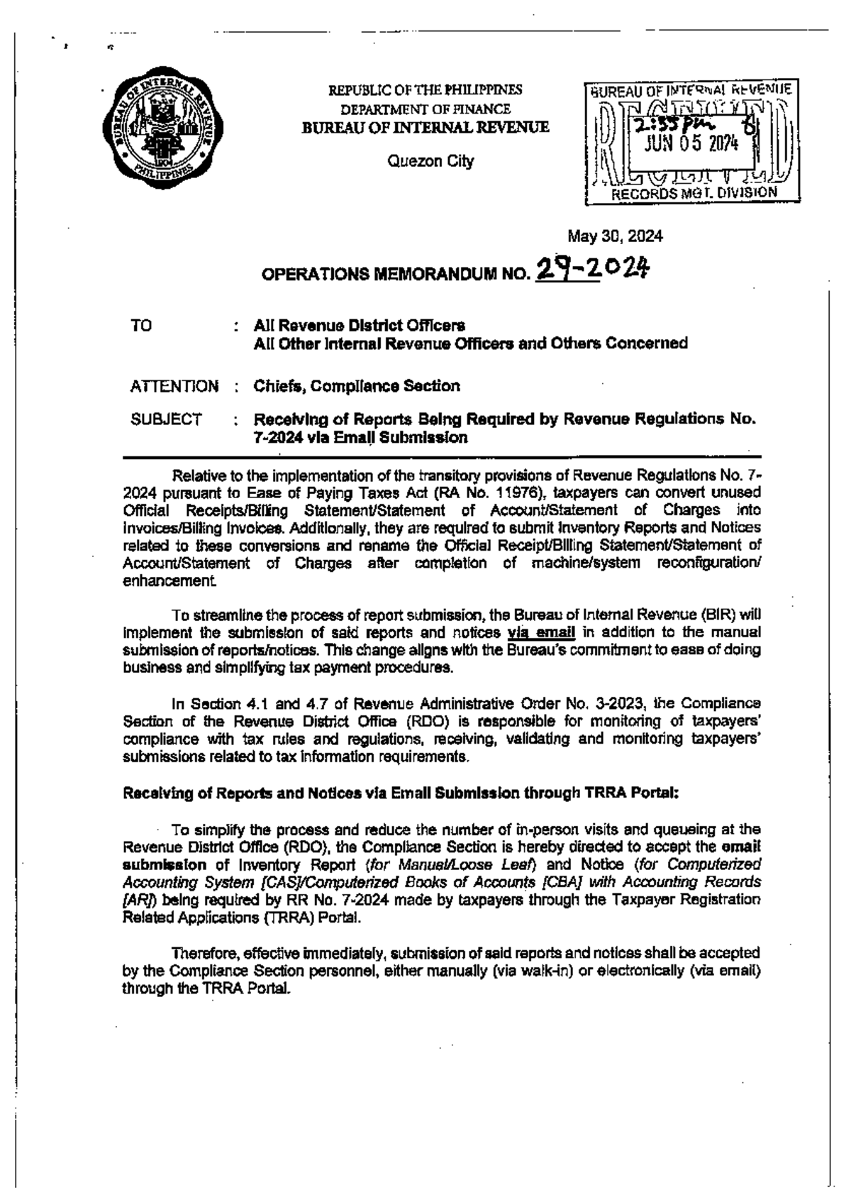 OM No. 29-2024 - BIR rules and regulations - OF INTERNAL REPUBLIC OF ...