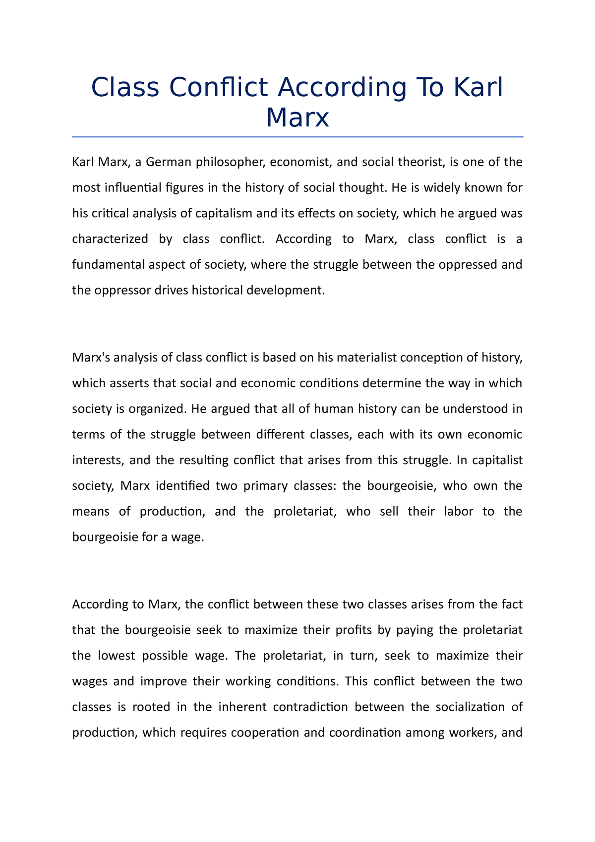 karl marx class conflict essay