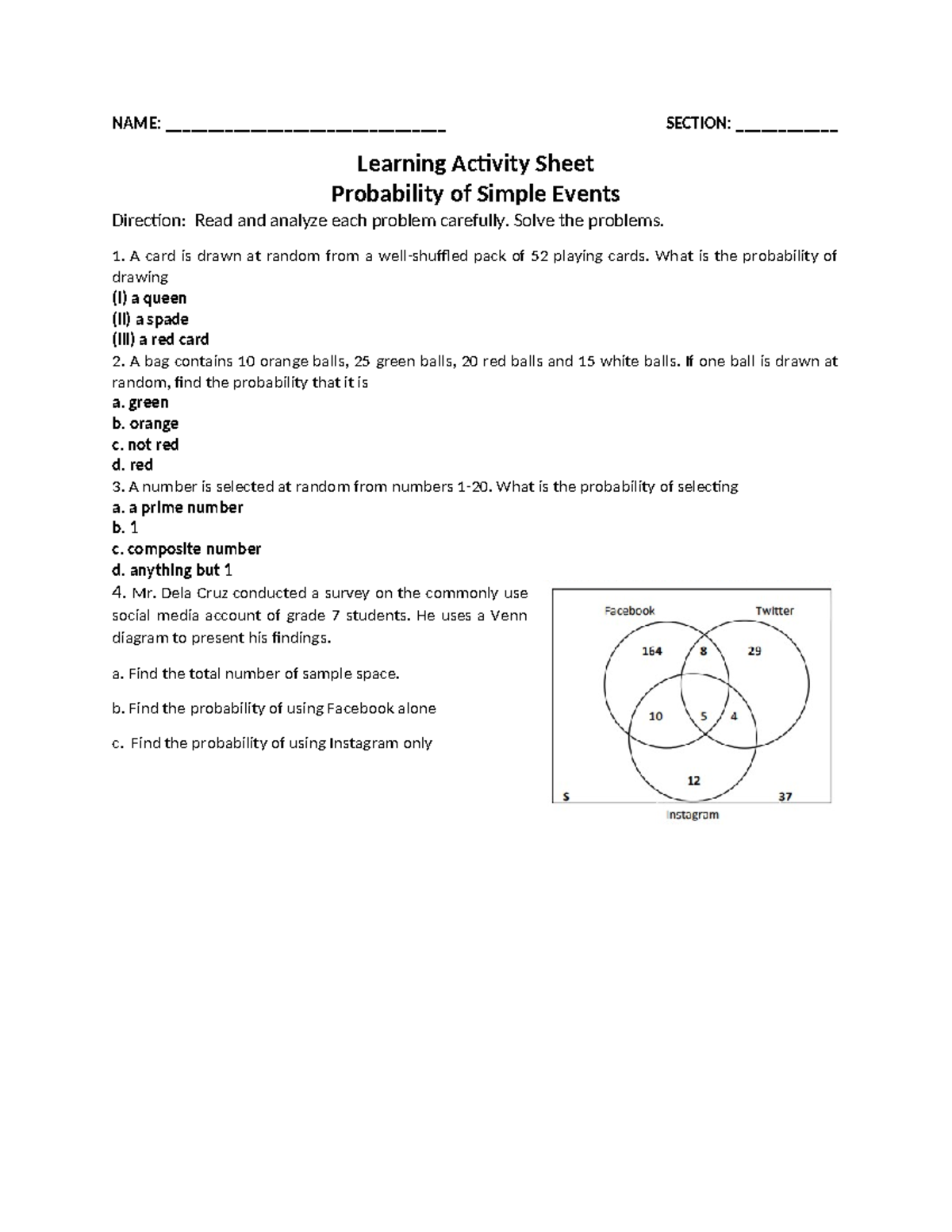 Lesson 6 Probability of simple event - NAME ...