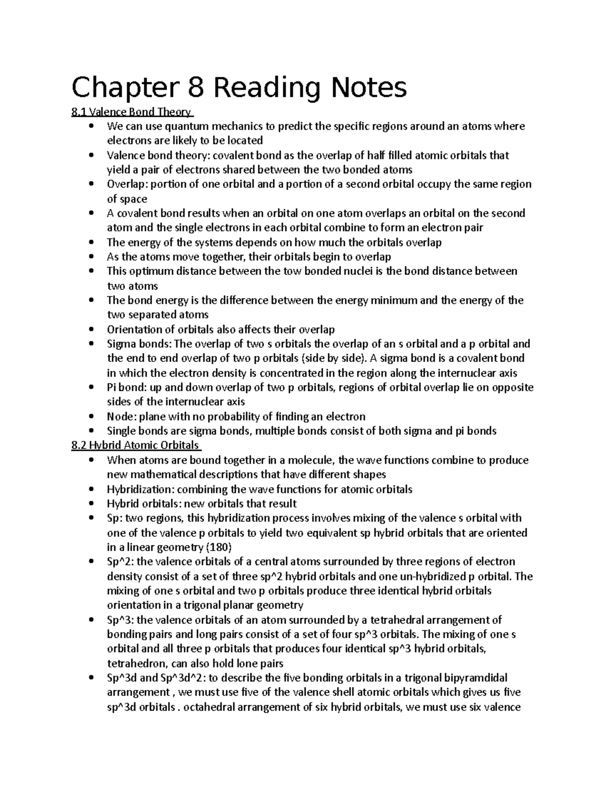 Chapter 8 Reading Notes - Chapter 8 Reading Notes 8 Valence Bond Theory ...