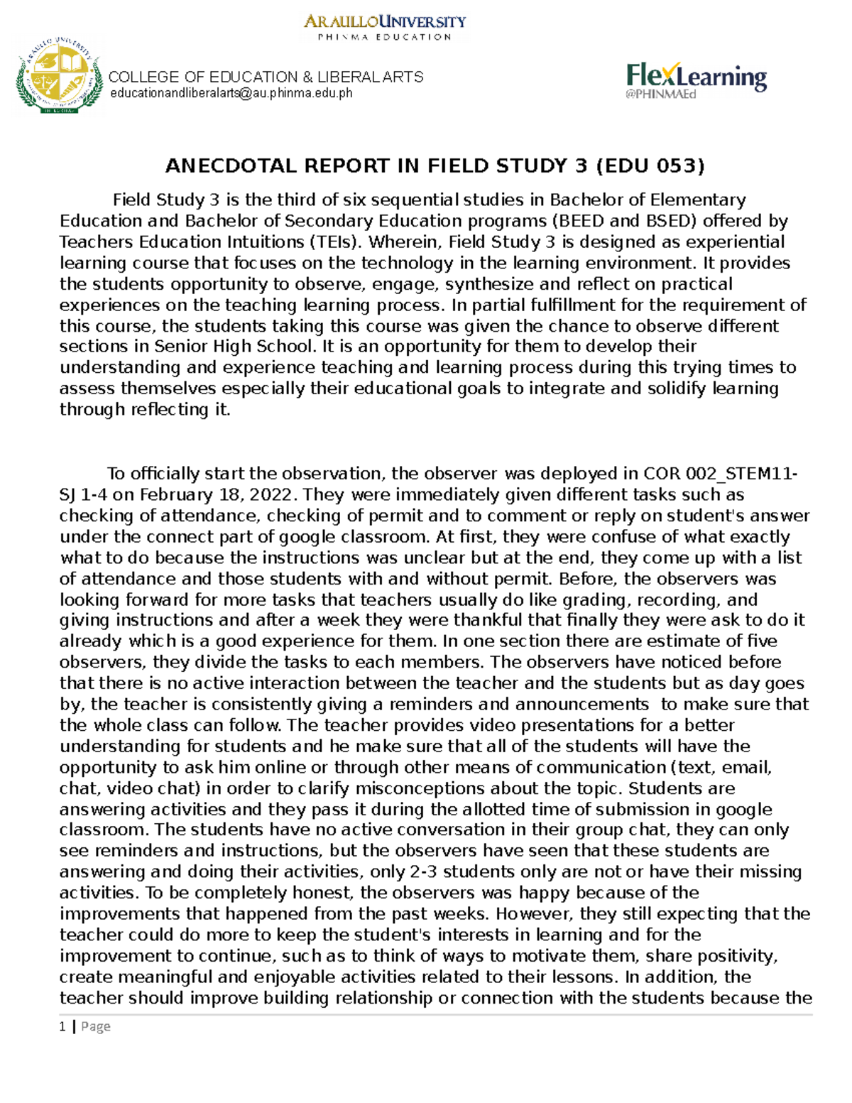 FS Narrative Report - For field study - COLLEGE OF EDUCATION & LIBERAL ...