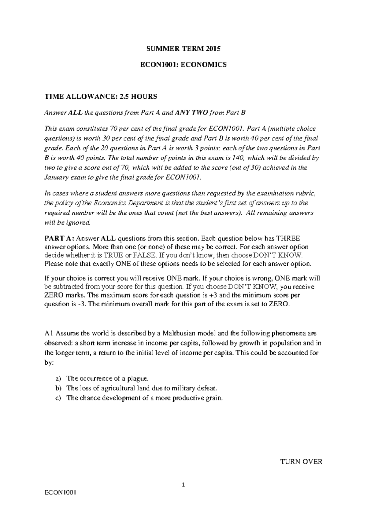 ECON1001 Final Exam May 2015 - 1 SUMMER TERM 2015 ECON1001: ECONOMICS ...