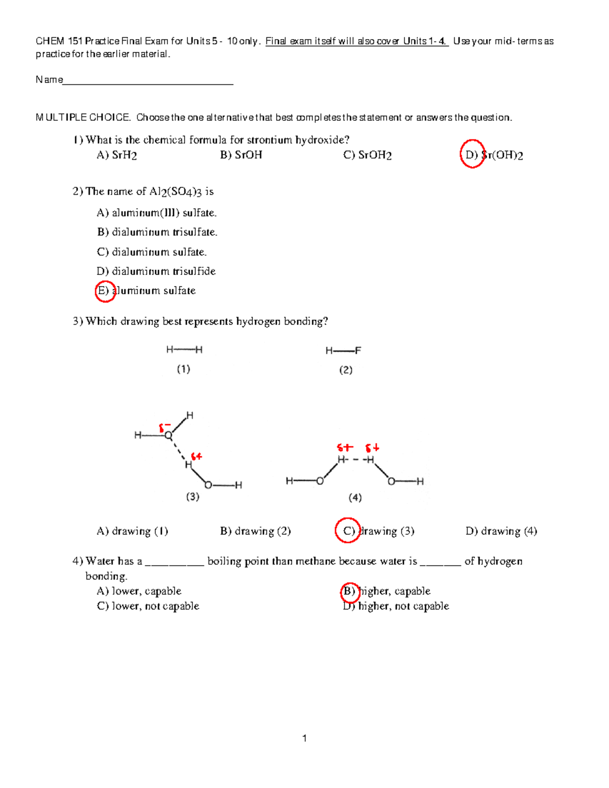 Final Summer 2015, Answers - CHEM 151 Practice Final Exam For Units 5 ...