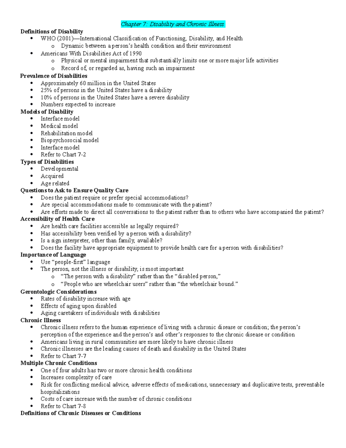 Exam 1 Chapter 7 - Notes - Chapter 7: Disability And Chronic Illness ...