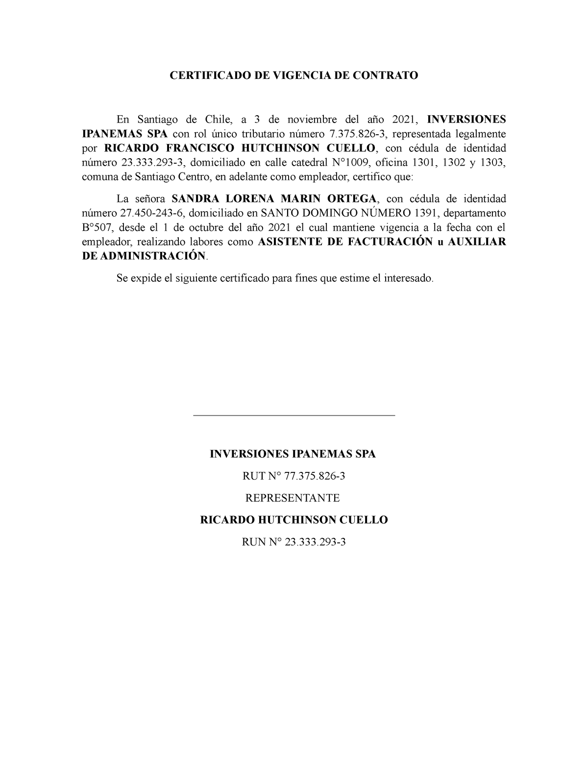 Certificado De Vigencia De Contrato Certificado De Vigencia De Contrato En Santiago De Chile
