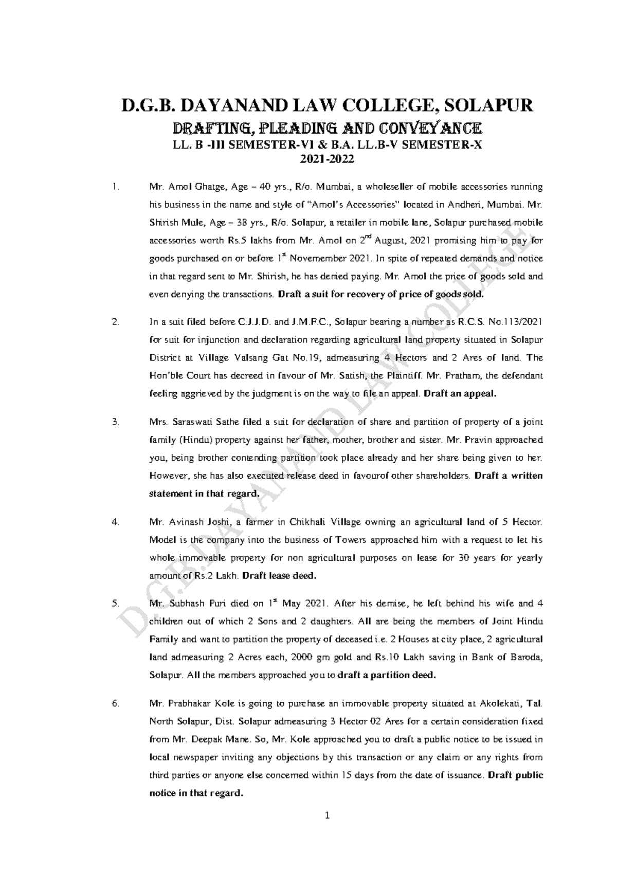 Drafting and Pleadings Exercises 2122 D.G. DAYANAND LAW COLLEGE