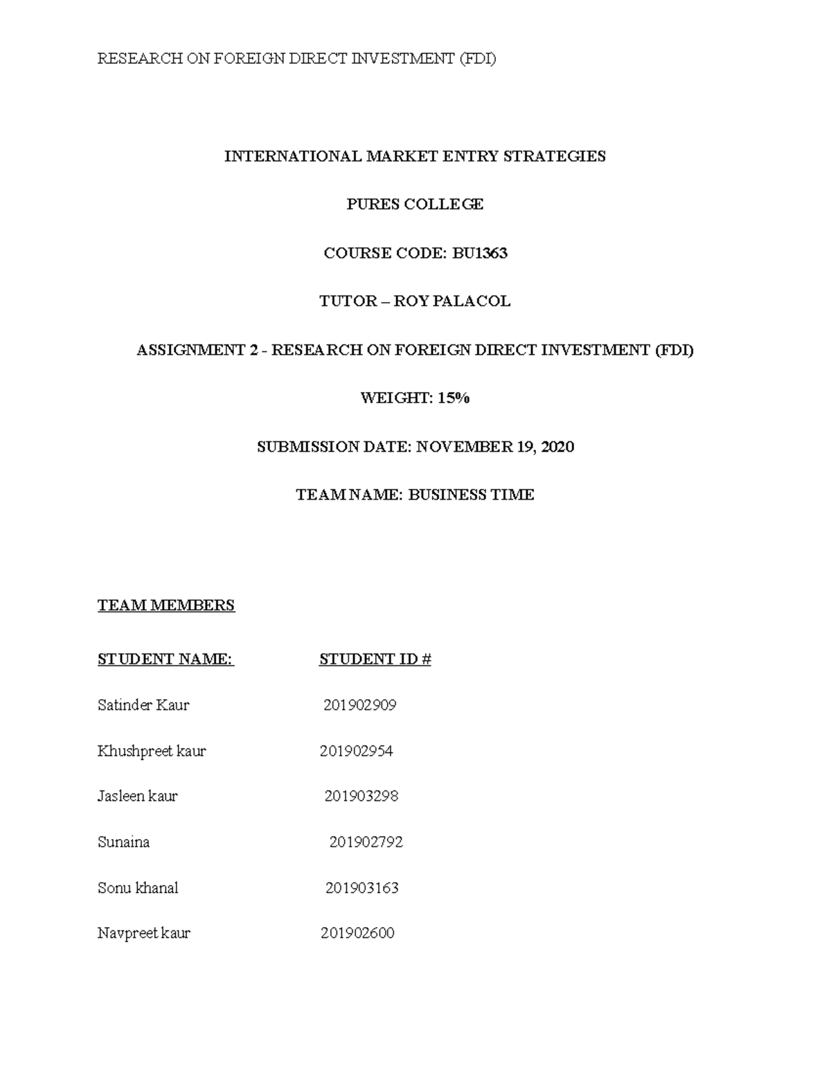 foreign direct investment assignment