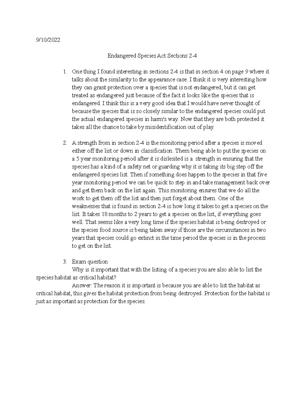 Endangered Species Act Homework - 9/10/ Endangered Species Act Sections