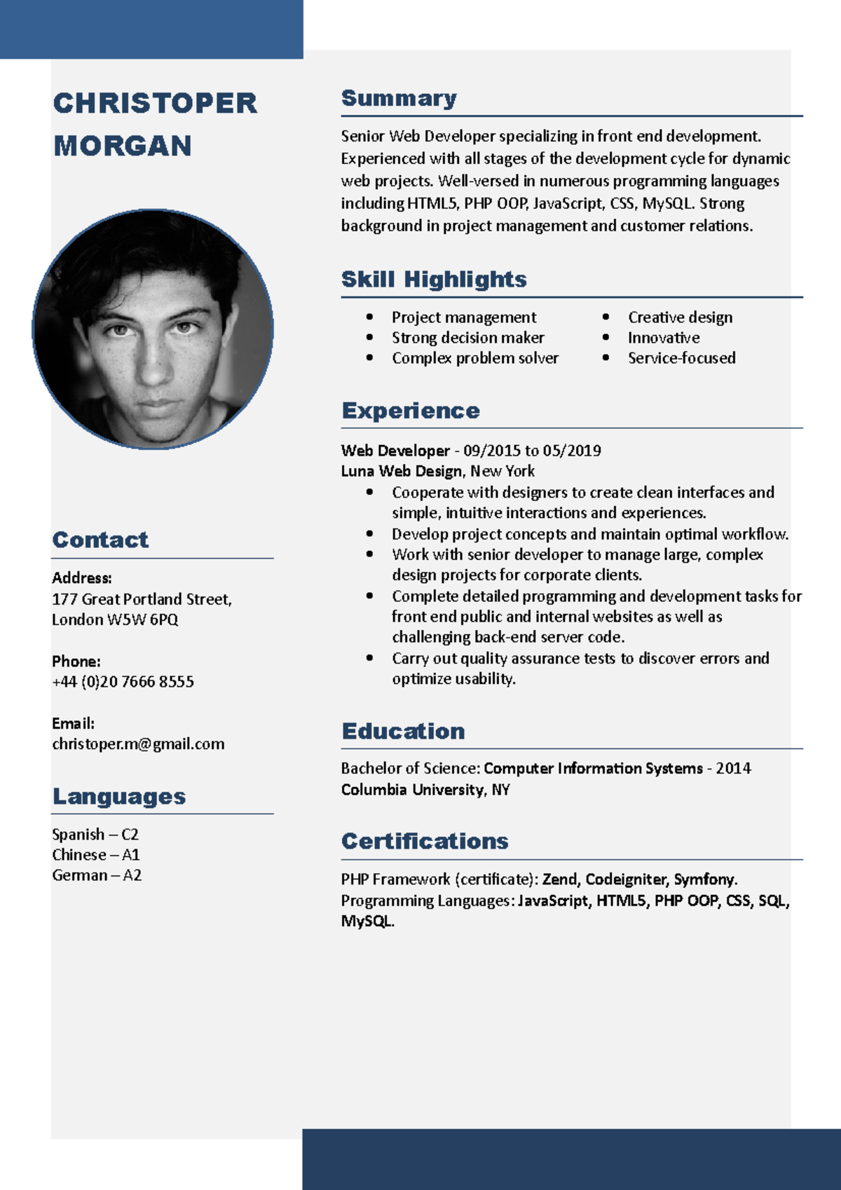Cv with photo 02 - For the guidance. - Contact Address: 177 Great ...