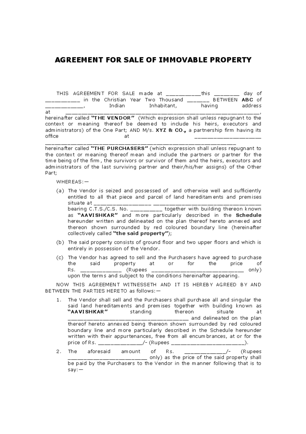 Agreem vhjvhjn ent for Saleimmovable property AGREEMENT FOR SALE OF