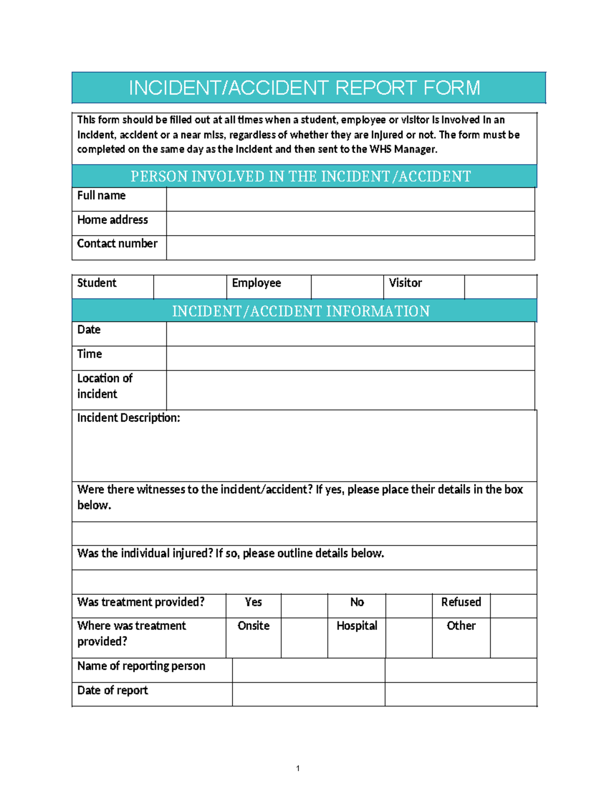 Hltwhs 001 Task 2 Incident Accident Report form - INCIDENT/ACCIDENT ...