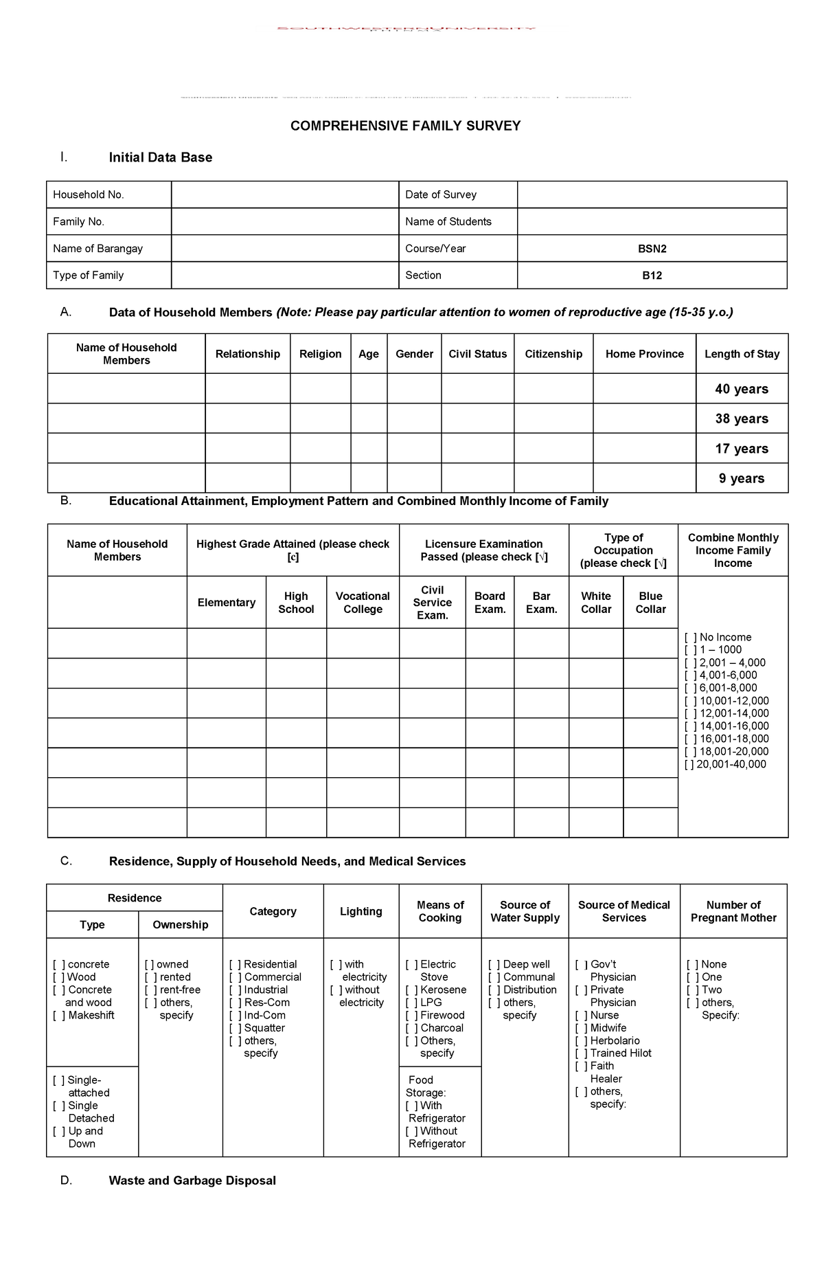 Comprehensive Family Survey 2 - COMPREHENSIVE FAMILY SURVEY I. Initial ...