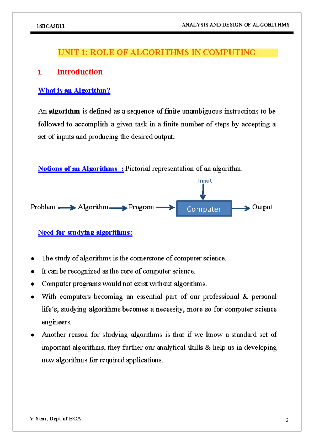 ROLE OF Algorithms IN Computing - UNIT 1: ROLE OF ALGORITHMS IN ...