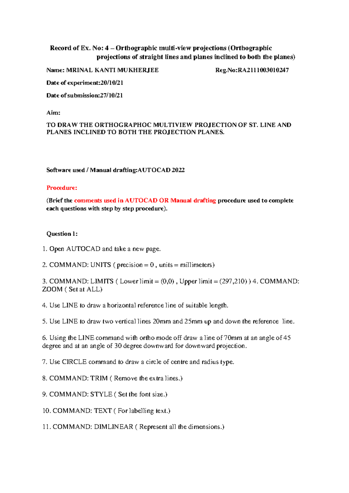 Ex. No 4 – Orthographic multi-view projections (Orthographic ...