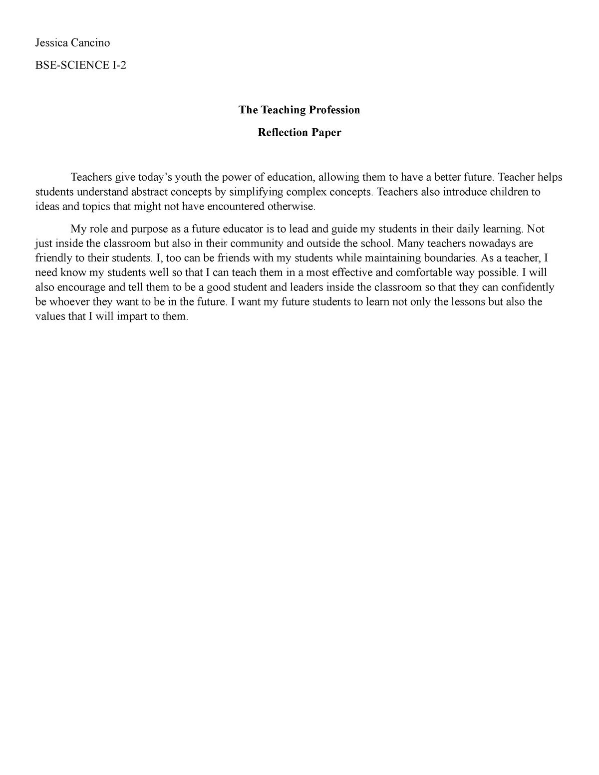 teaching profession reflection essay