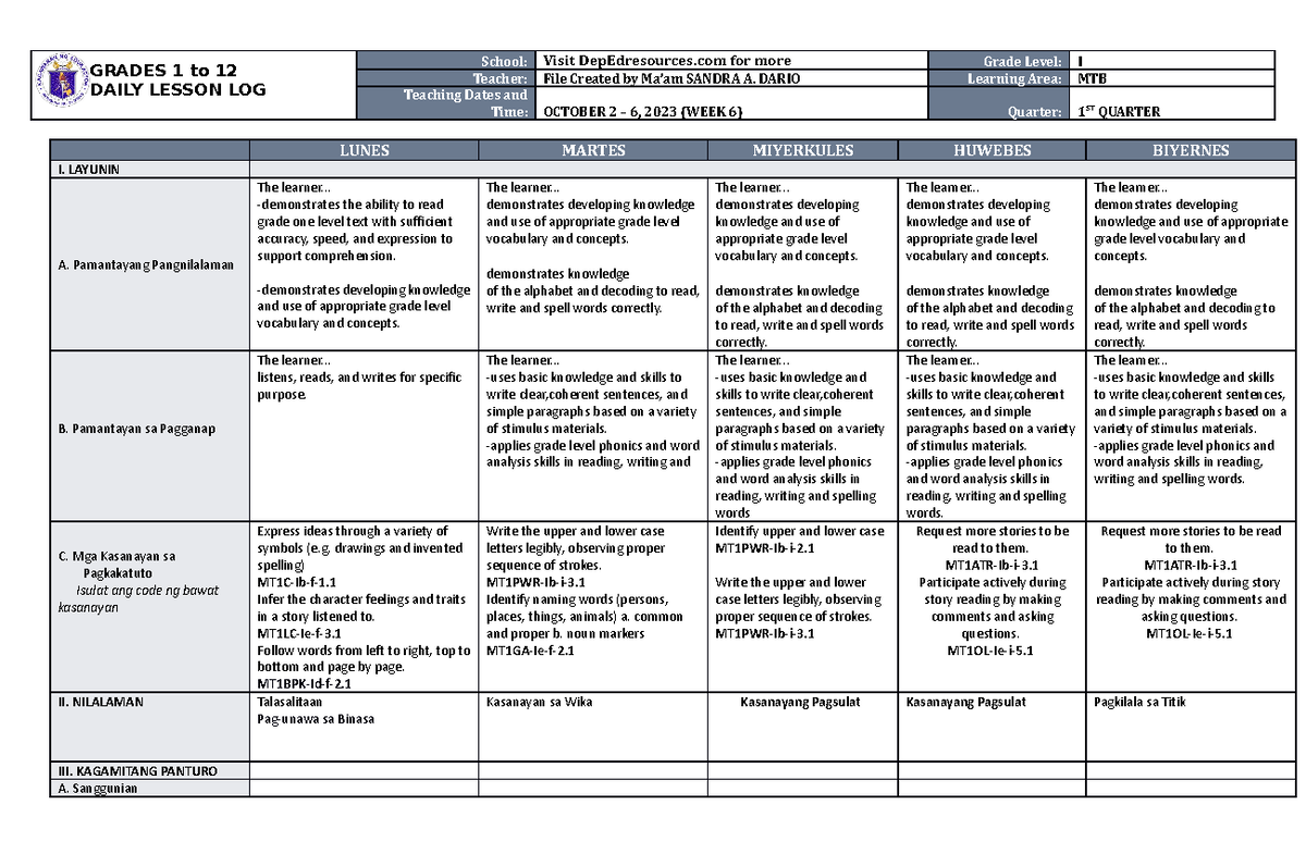 DLL MTB 1 Q1 W6 - Detailed Lesson Plan - GRADES 1 to 12 DAILY LESSON ...