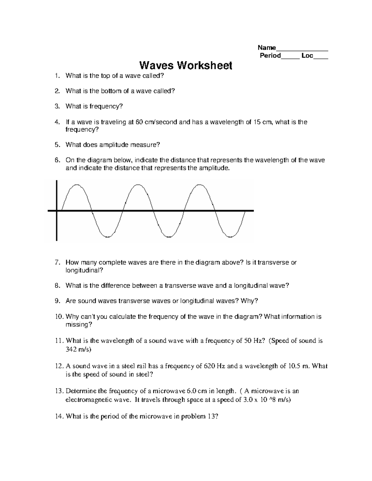 Waves Worksheet Package 2 - Name______________ Period_____ Loc ...