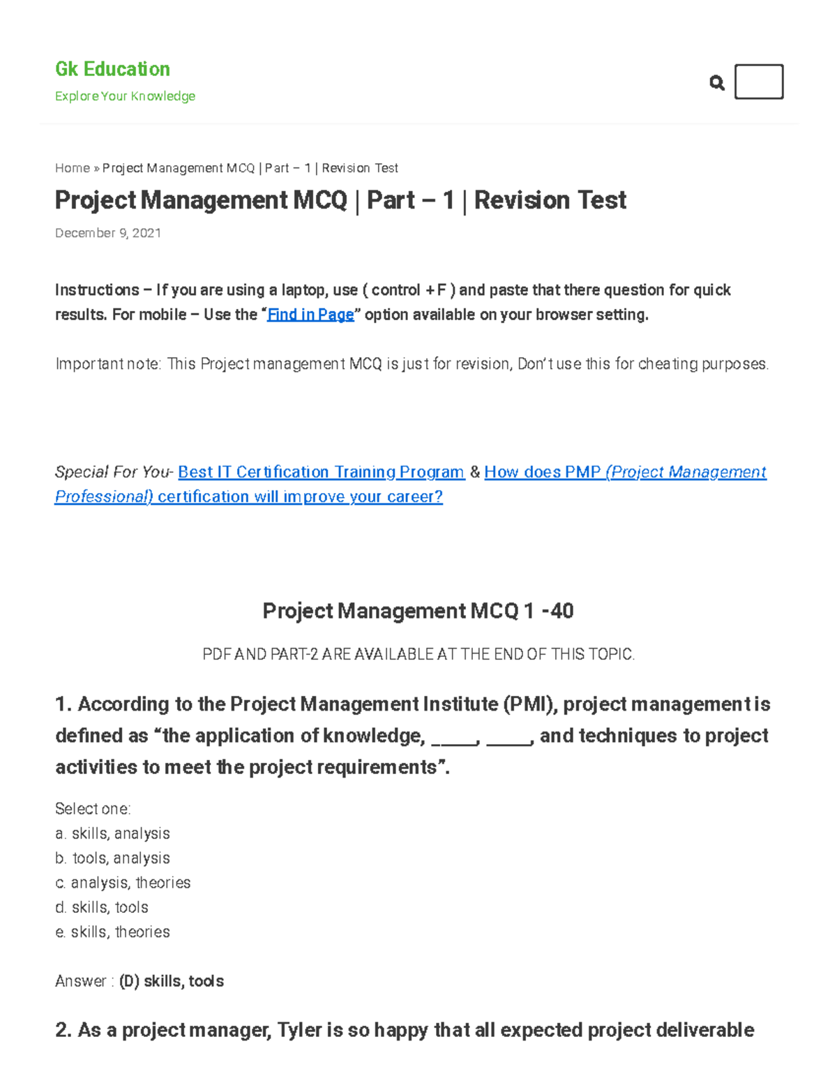 Project Management MCQ Part - 1 Revision Test - PDF Available ...