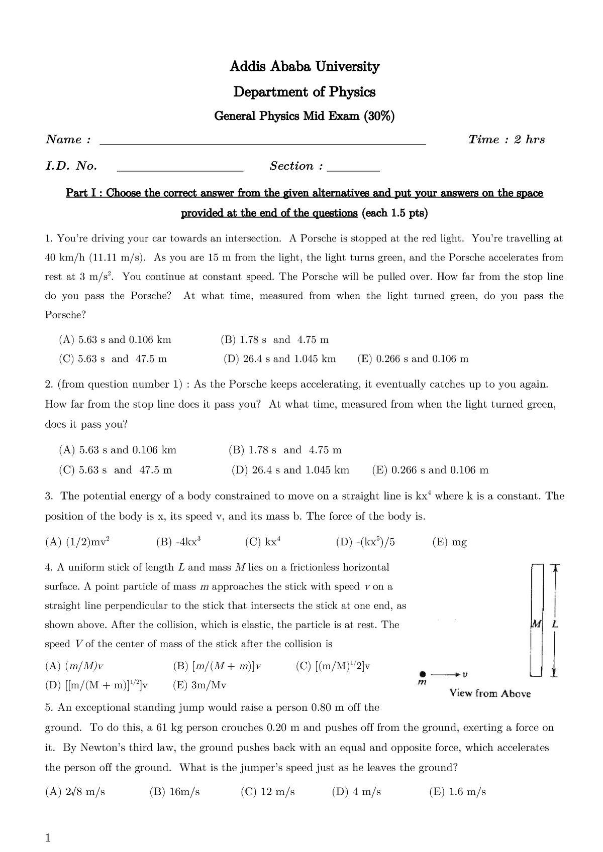 General Physics Mid - Good - Addis Ababa University Department Of ...