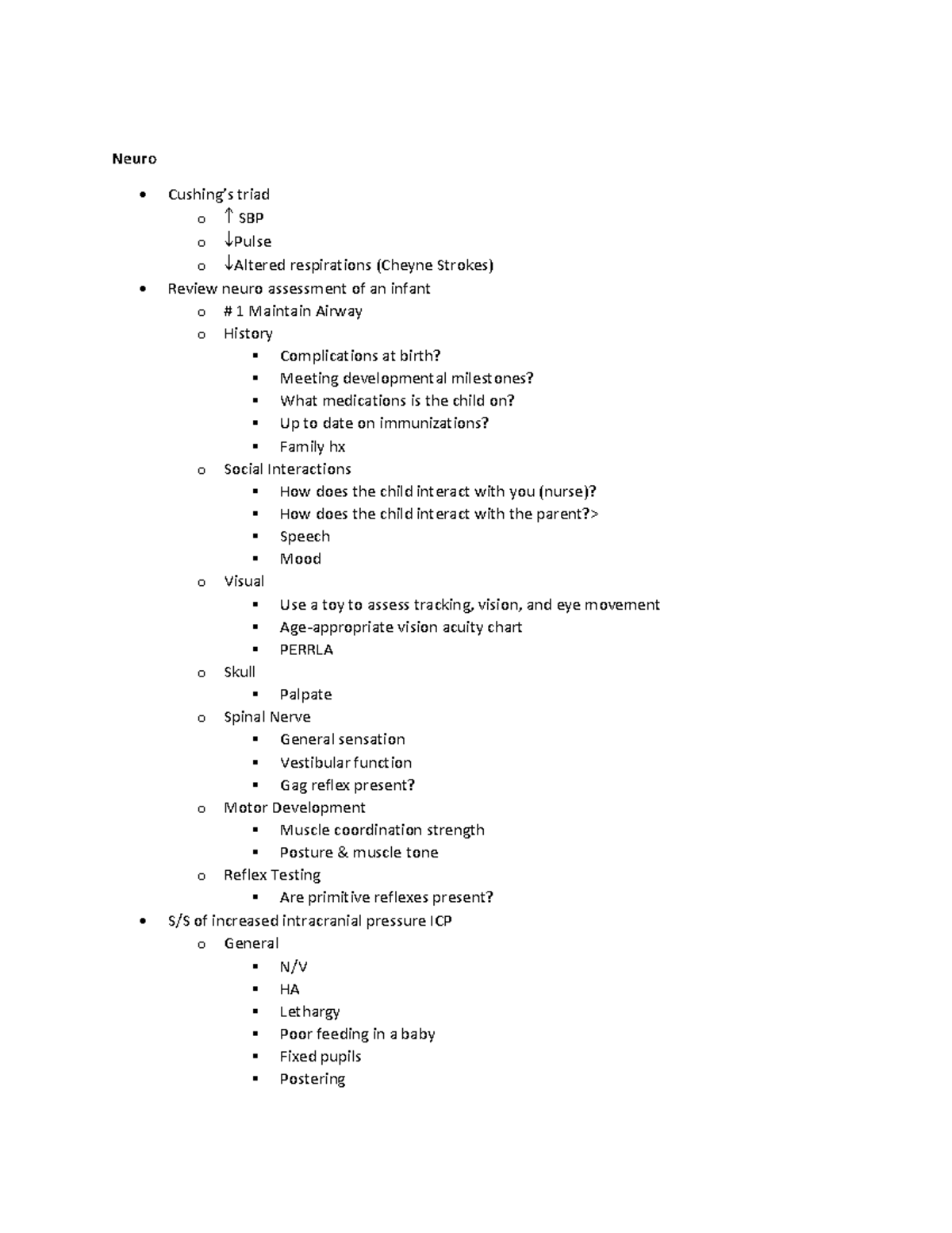 Unit 3 Study Guide - Neuro - Cushing’s triad o SBP o Pulse o Altered ...