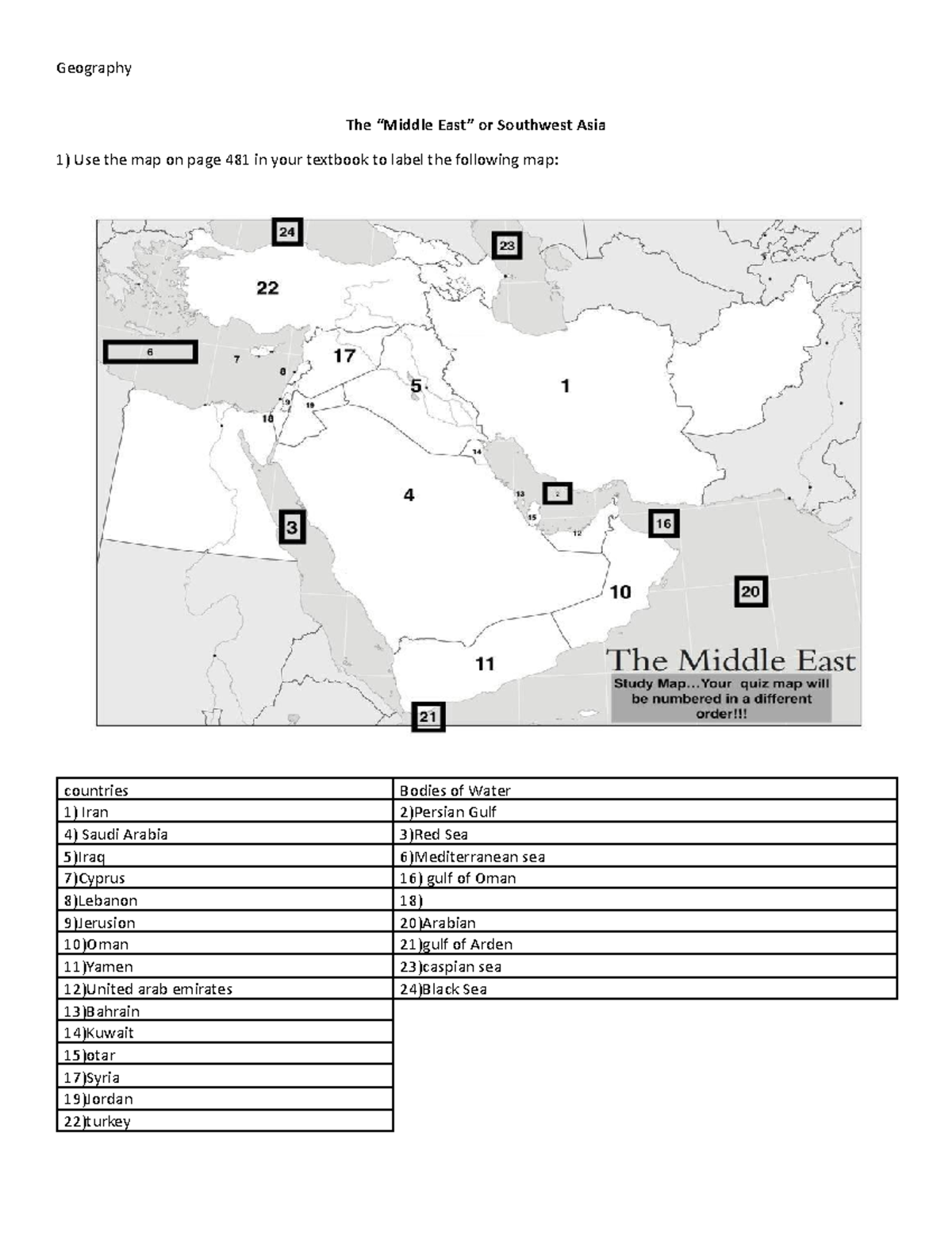 Middle+East+Map+%26+Q%27s - Geography The “Middle East” or Southwest ...