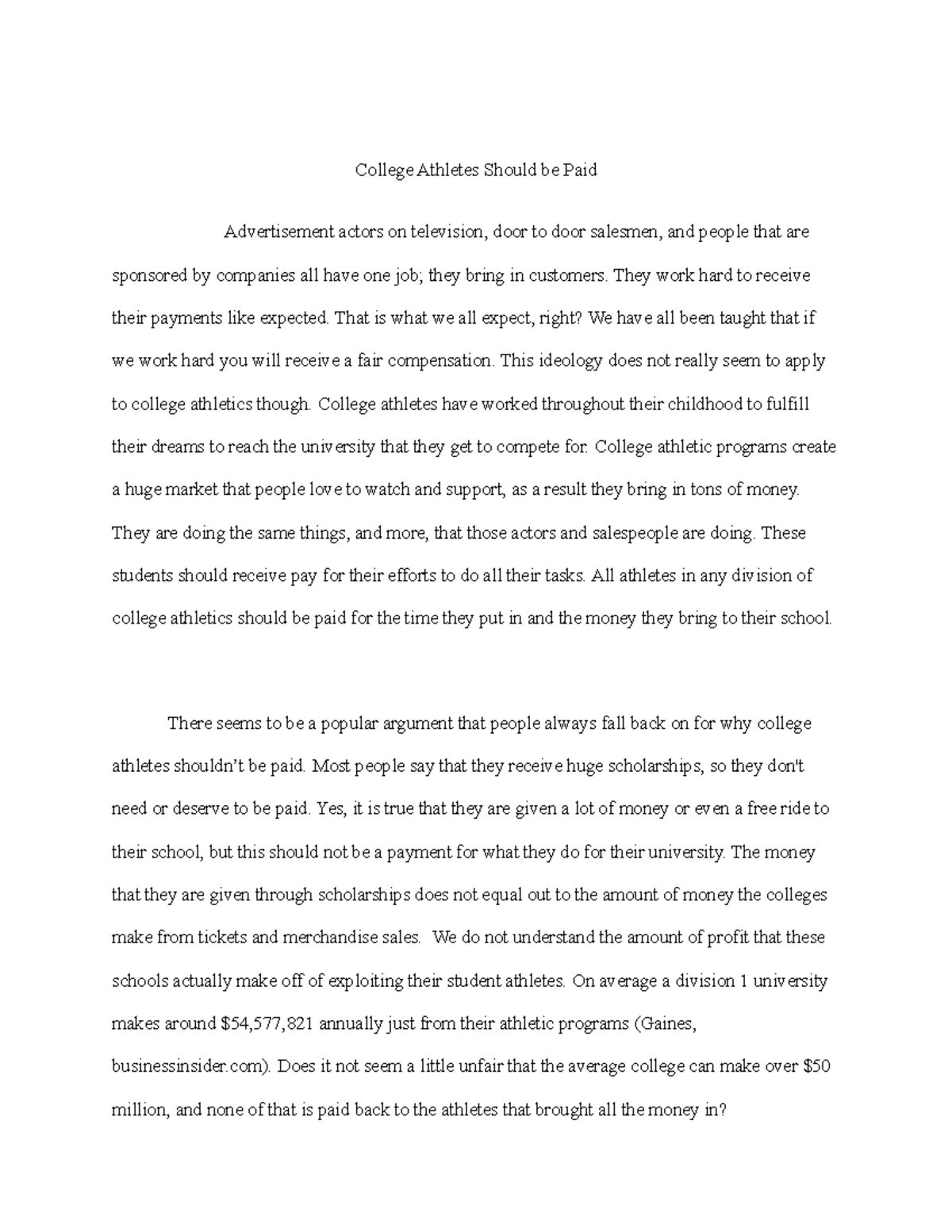 argumentative essay on college athletes being paid