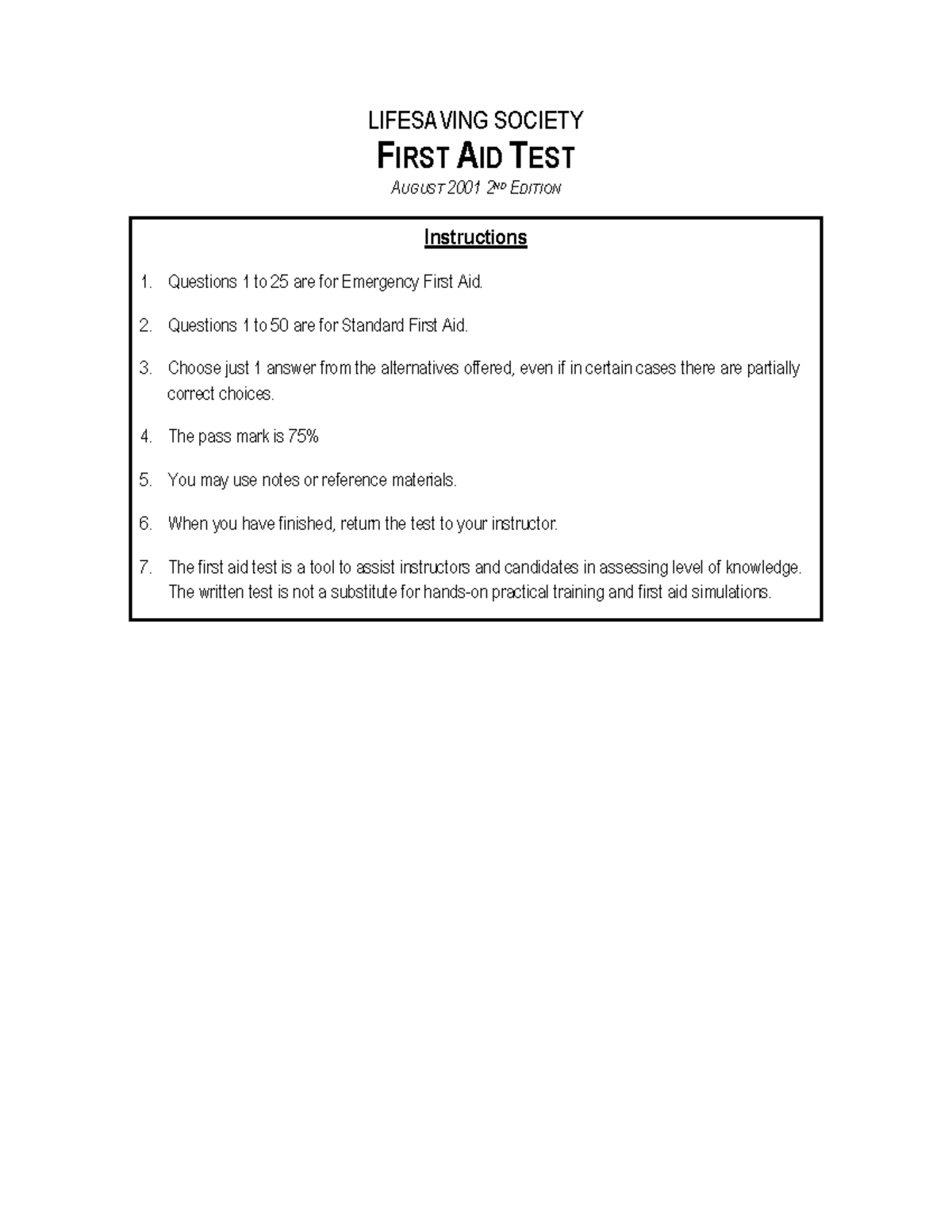 Lifesaving society first aid test august nd edition FIRST AID TEST