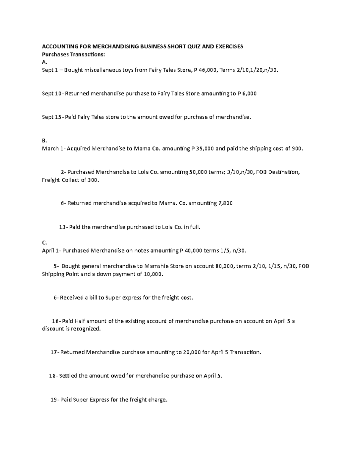 Accounting FOR Merchandising Business Short QUIZ AND Exercises ...
