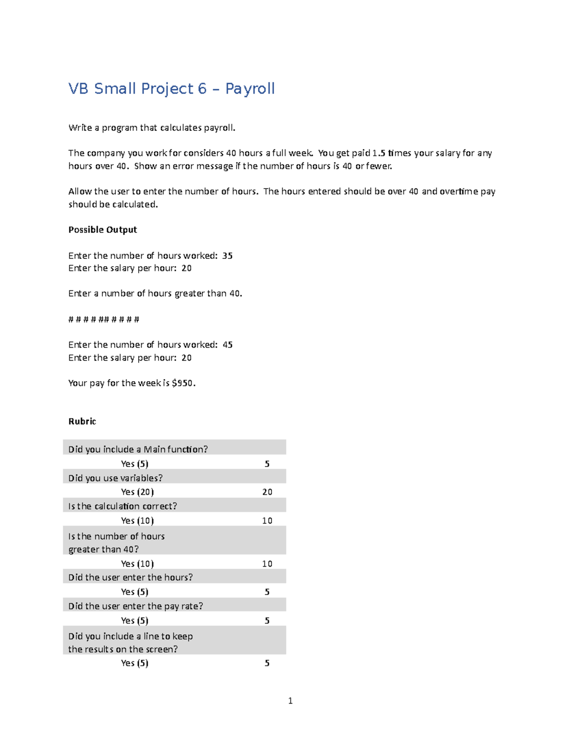 Small Project 6 - Payroll - VB Small Project 6 – Payroll Write a ...