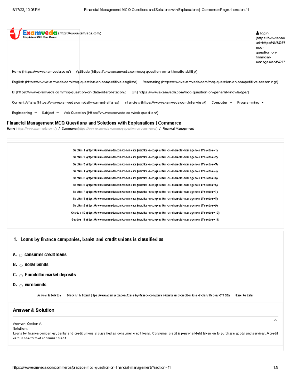 Financial Management MCQ Questions And Solutions With Explanations ...