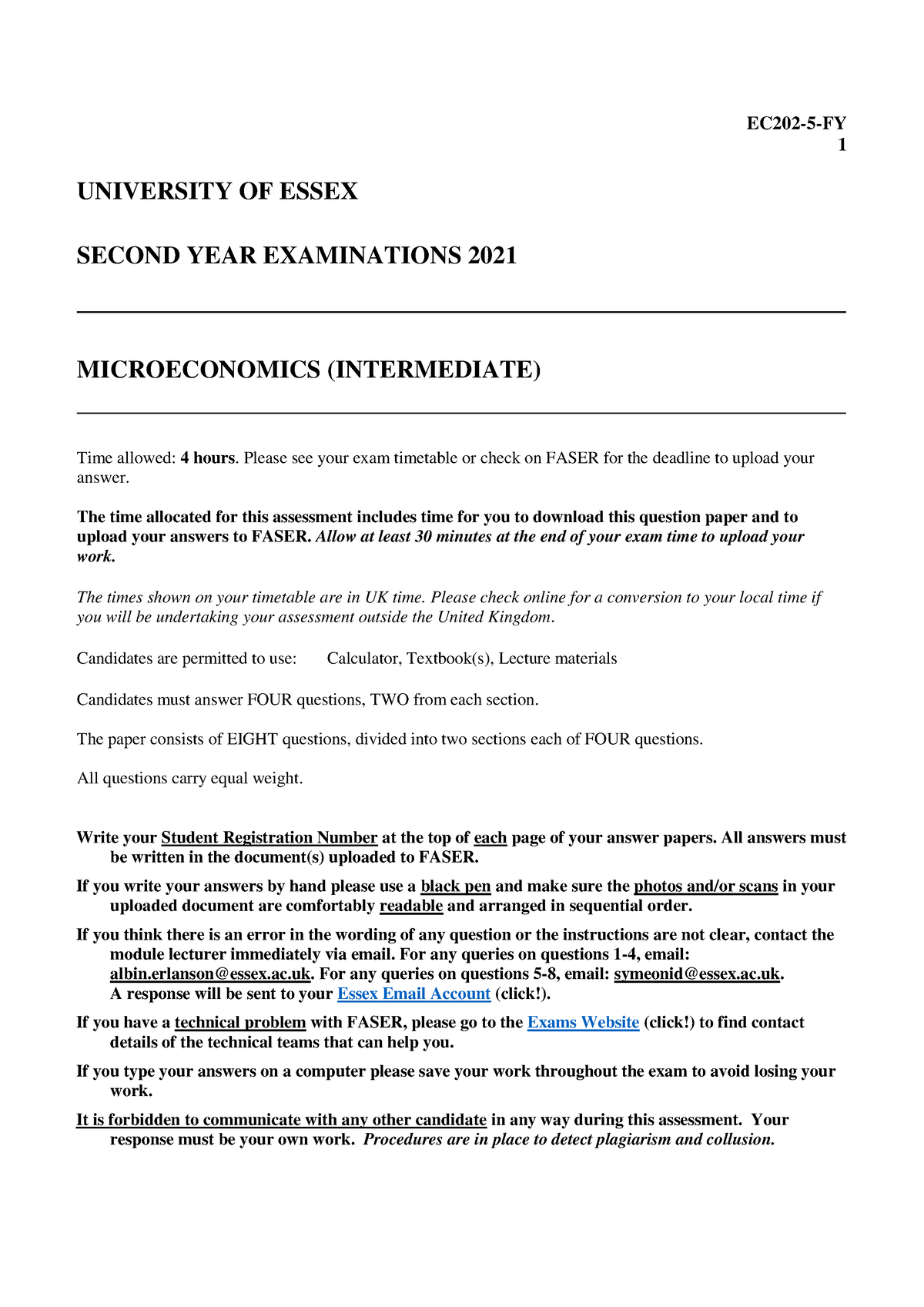 EC202-5-FY 2021 Exam With Solutions - 1 UNIVERSITY OF ESSEX SECOND YEAR ...