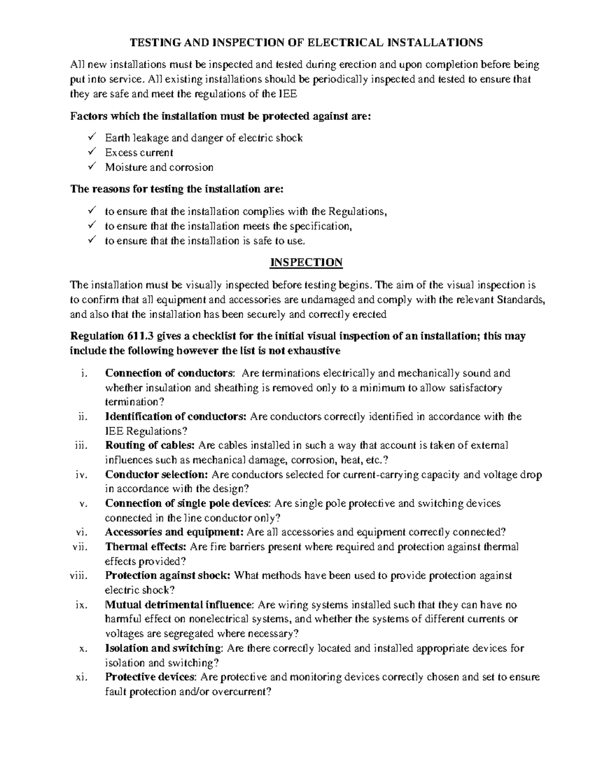 11 DEE 1 Testing and Inspection of electrical installations TESTING