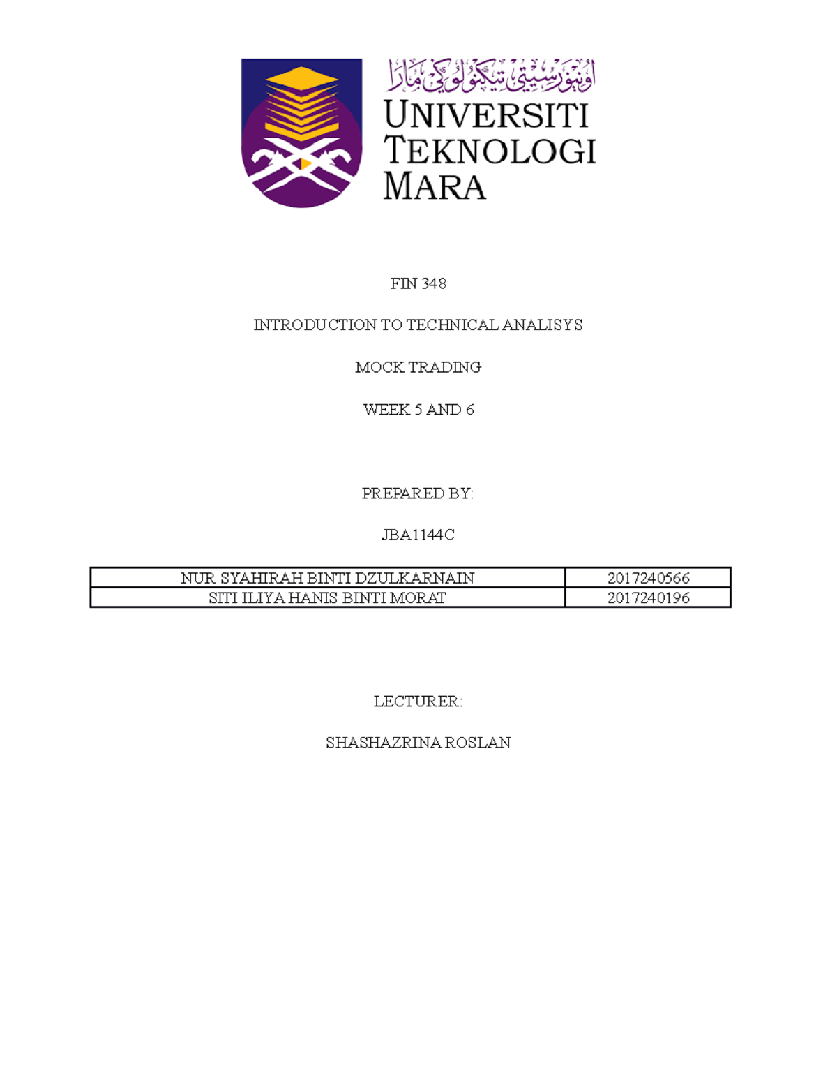 MOCK Trading WEEK 3&4 - FIN 348 INTRODUCTION TO TECHNICAL ANALISYS MOCK ...