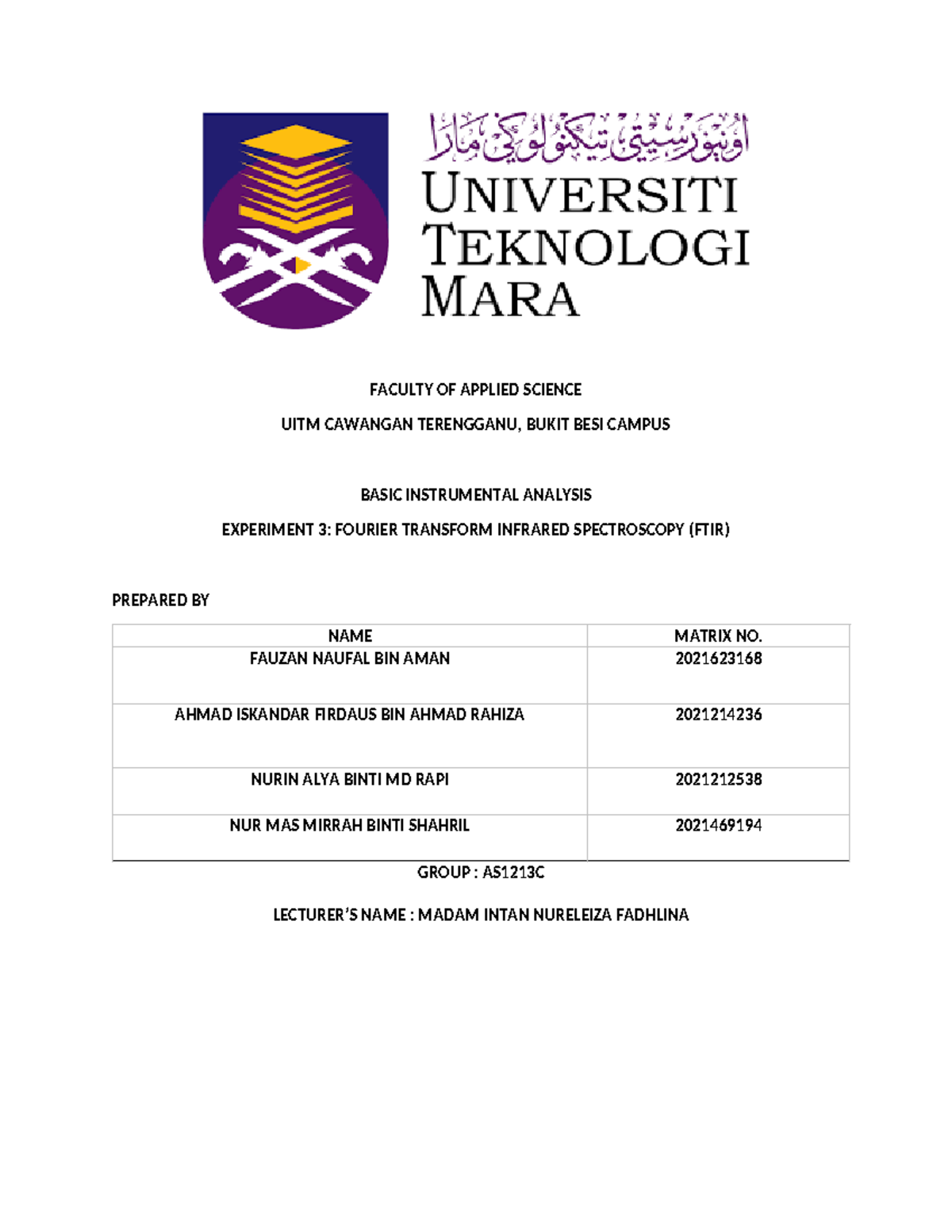 LAB Report EXP 3 CHM260 - FACULTY OF APPLIED SCIENCE UITM CAWANGAN ...