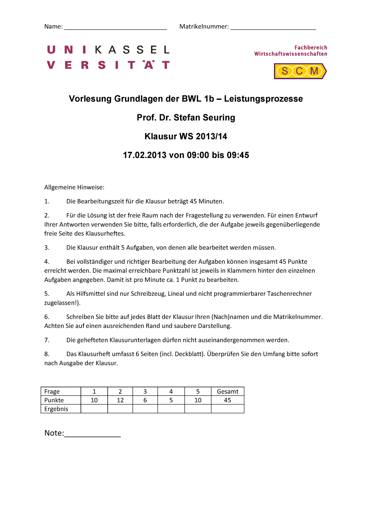 WS 13 14 Klausur BWL-1b - Fachbereich Wirtschaftswissenschaften ...