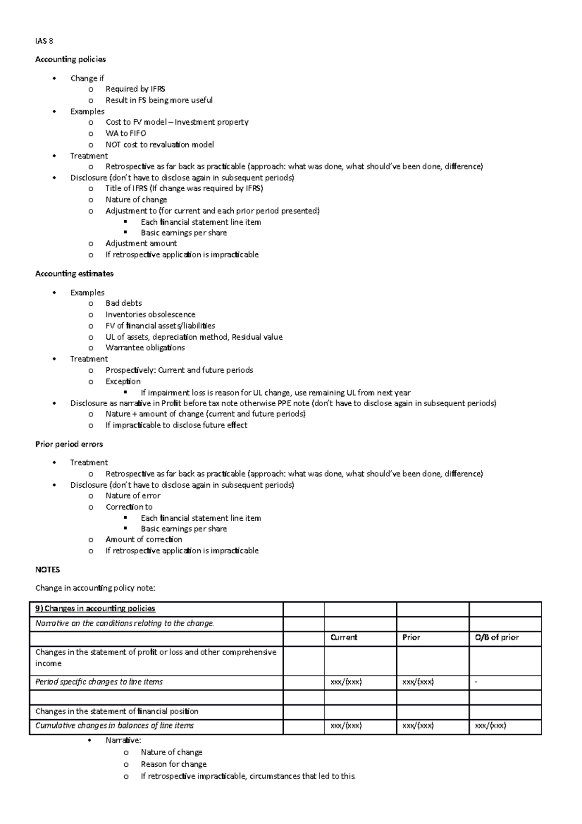 IAS 8[4822] - Summaries for IAS 8 - IAS 8 Accounting policies Change if ...