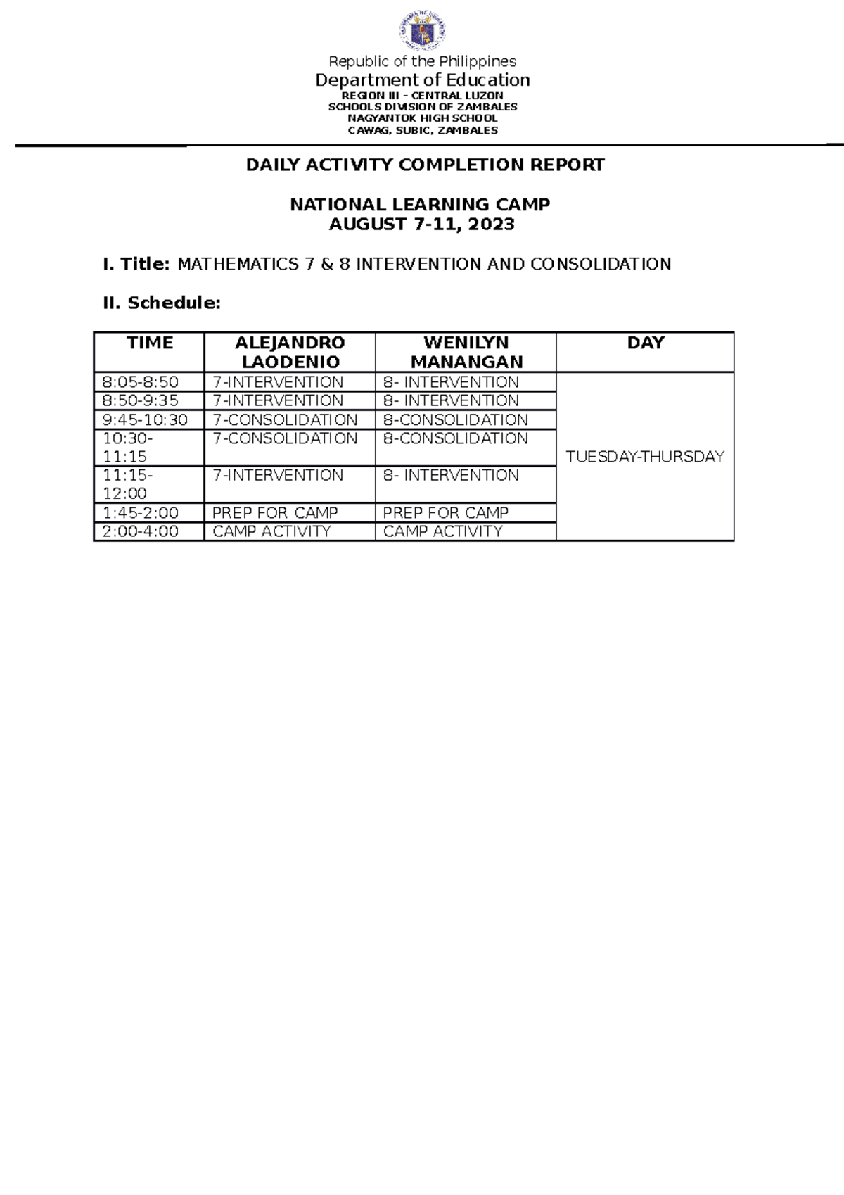 Daily Activity Completion Report August 7-11 - Department of Education ...