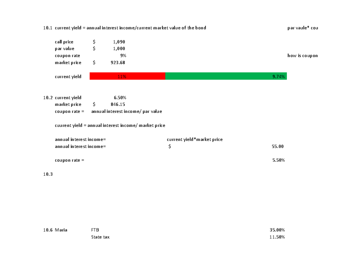 Assignment 9.xlsx - Sheet 1 - 10 current yield = annual interest income ...
