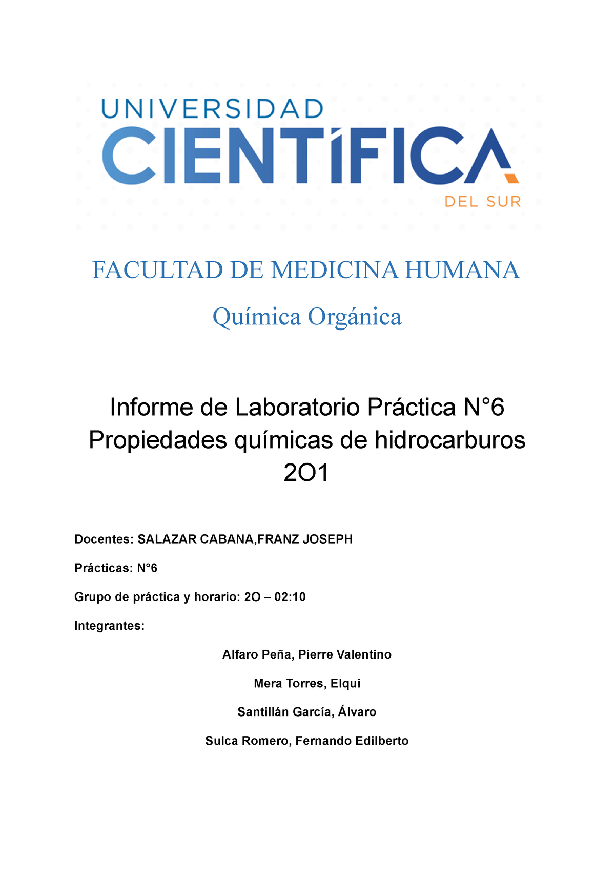 6 Informe De Laboratorio Práctica N°6 Propiedades Químicas De