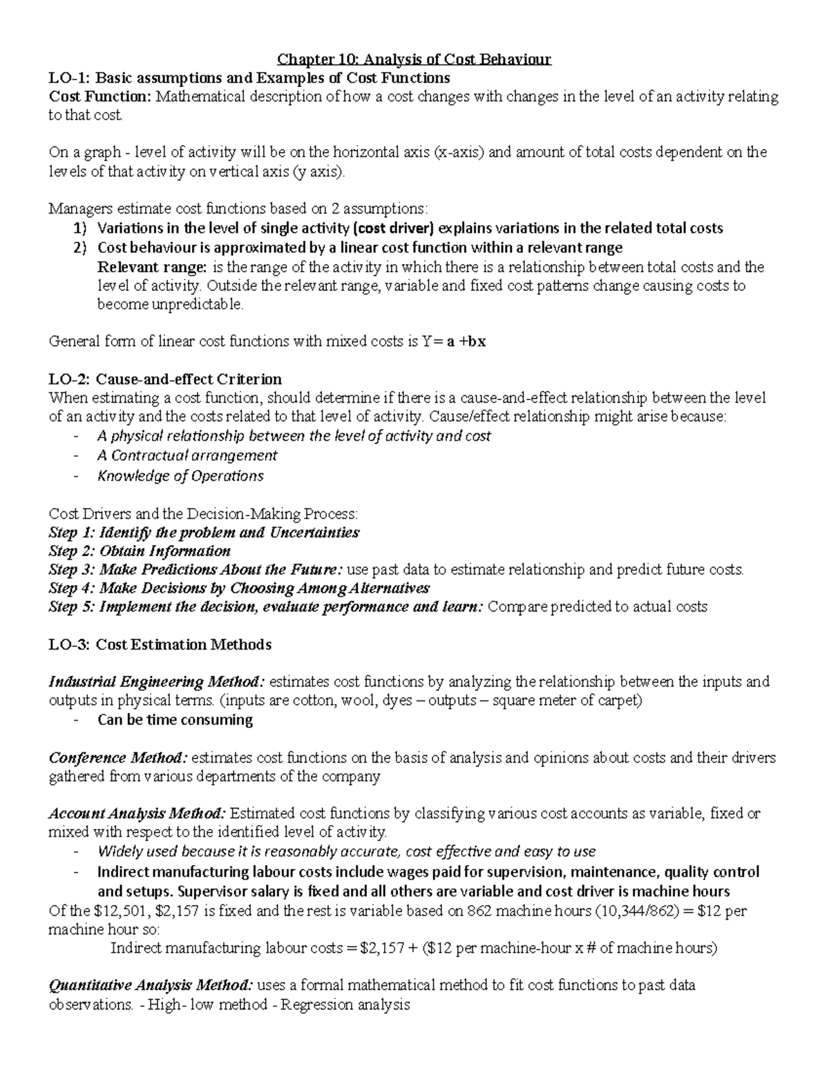 Chapter 10 - Chapter 10: Analysis Of Cost Behaviour LO-1: Basic ...