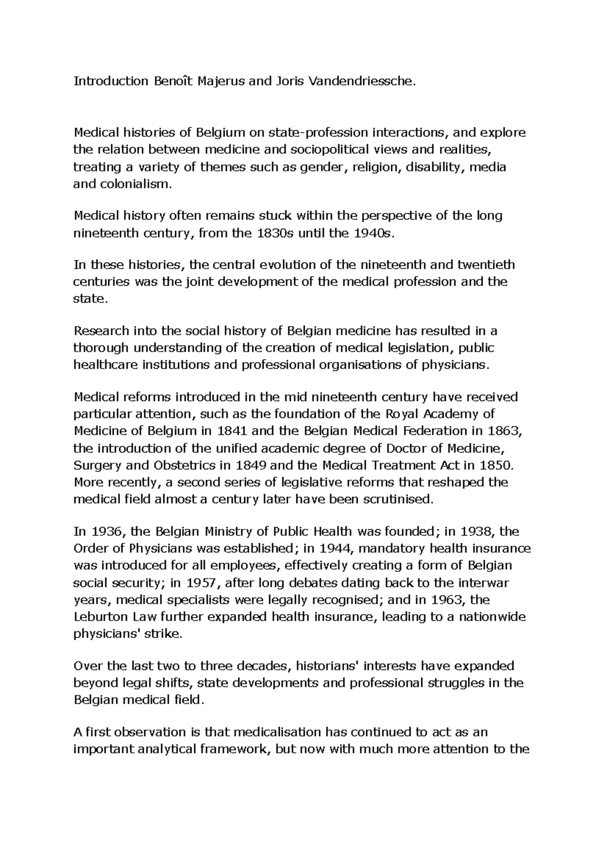 Medical History of Belgium. Edited by Joris Vandendriessche and Benoît