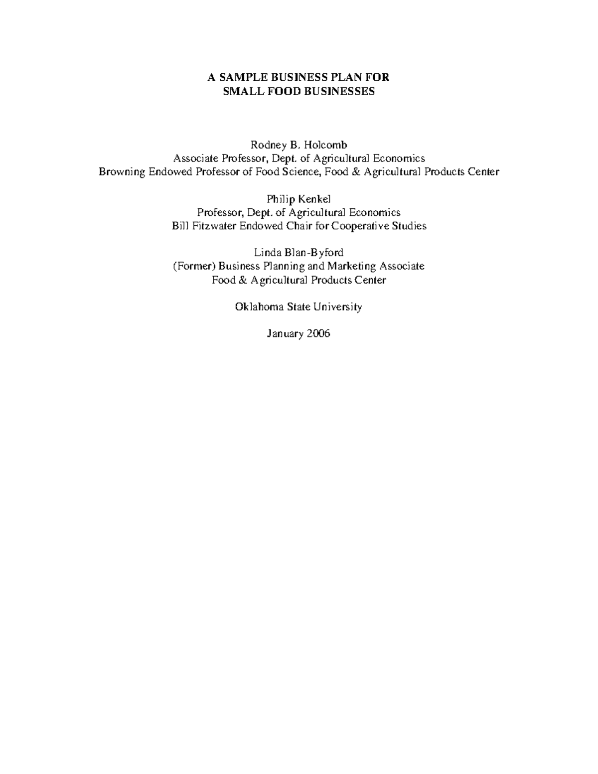 Sample Food Business Plan Oklahoma State A SAMPLE BUSINESS PLAN FOR